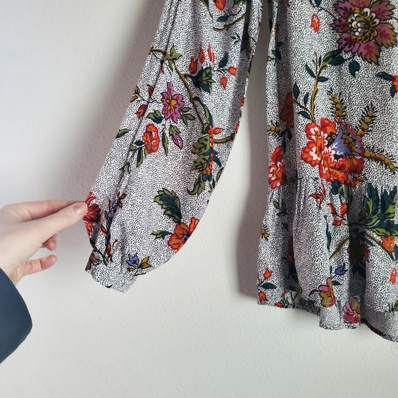 Maeve Button Down Blouse Womens 0 Gray Black Red Floral Peplum Hem Boho Business - Picture 7 of 13